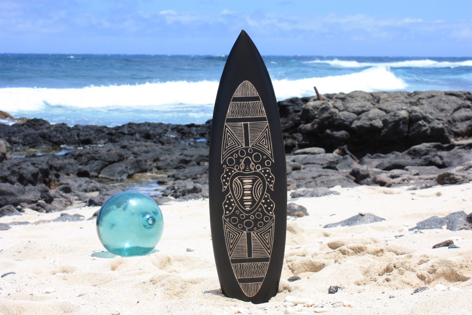 Wooden Surfboard w/ Tribal Turtle 30
