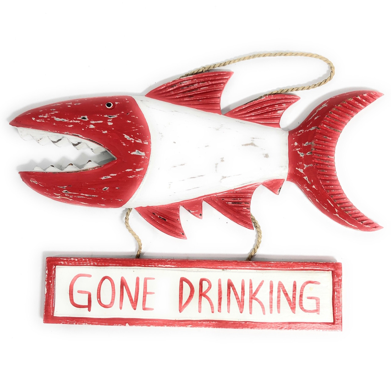 Gone Drinking Sign 15 Shark Attack - Rustic Red Nautical Decor