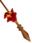 Thick King Kamehameha Koa Spear 60 inch with 14 Shark Teeth & Triple Layer Red Yellow Feathers | #koakkmh9