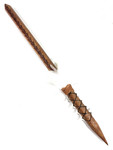 Koa Spear on Stand 24 inch with Shark Teeth & White Feathers - Custom Etching | #koa38bst4