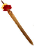 Ultimate Koa Spear with Sailfish Bill 55 in - 2 inch Shaft Red/Yellow Feathers Hawaiian Art | #koasw006