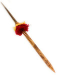 AAA Premium Koa Spear with Blue Marlin Bill 46 in - 2 inch Shaft Red/Yellow Feathers Hawaiian Art | #koasw014