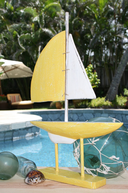 Racing Sailboat 20" Wooden - Yelow Nautical Decor Accent | #Ort1701948y