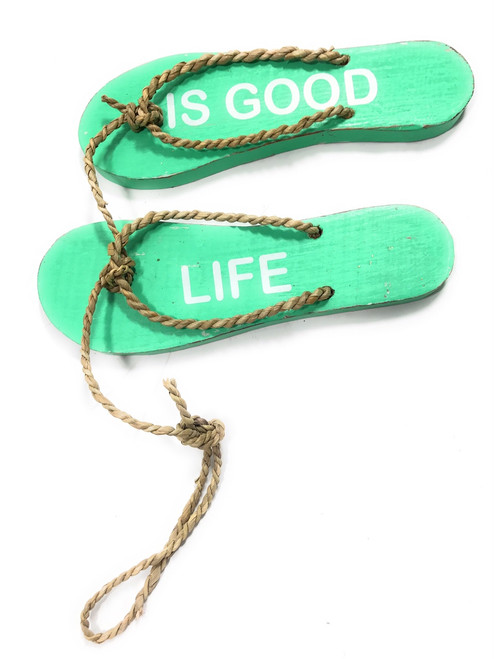 Pair Of Wooden Slippers "Life Is Good" Hanging Sign 8" - Mint | #snd25094