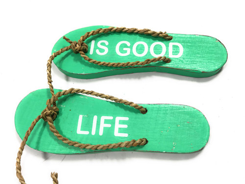 Pair Of Wooden Slippers "Life Is Good" Hanging Sign 8" - Mint | #snd25094