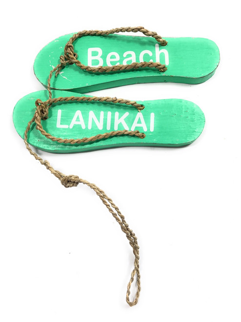 Pair Of Wooden Slippers "Lanikai Beach" Hanging Sign 8" - Mint | #snd25093