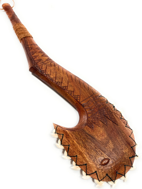 Fish Hook Axe Shredder Fijian Club 32 inch w/ 16 Tiger Shark Teeth - Acacia Koa Wood - War Club | #bla605780st