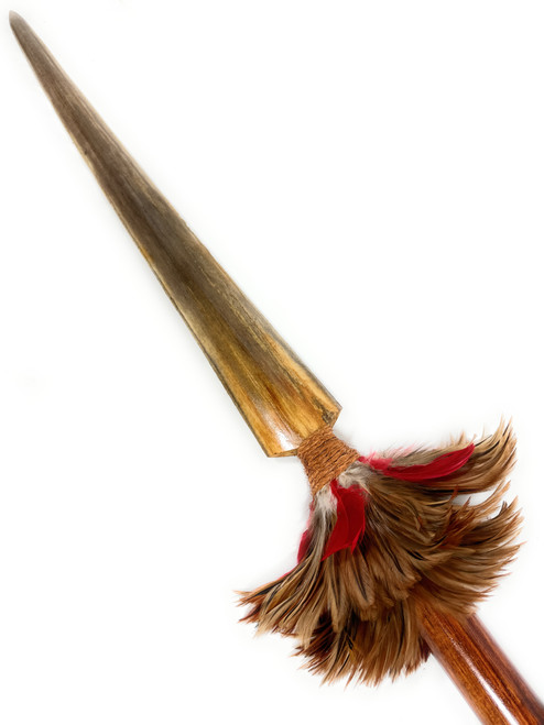 Ultimate Koa Spear with Sailfish Bill 56  in - 2 inch Shaft Brown/Red Feathers Hawaiian Art | #koasw007