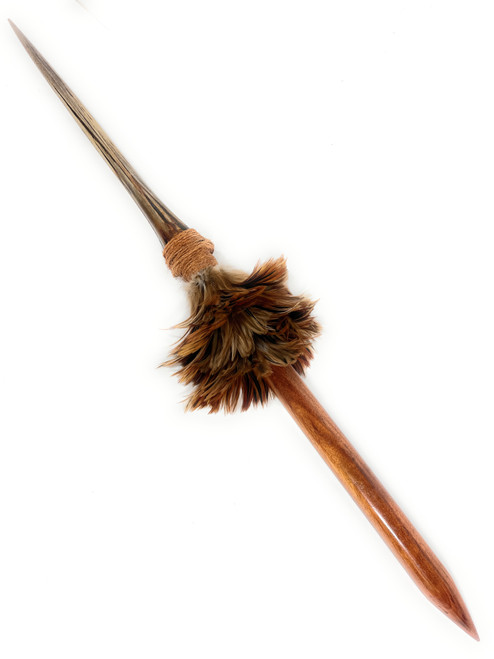 Exquisite Koa Spear with Blue Marlin Bill 46 in - 2 inch Shaft Triple Stack Brown Feathers Hawaiian Art | #koasw012