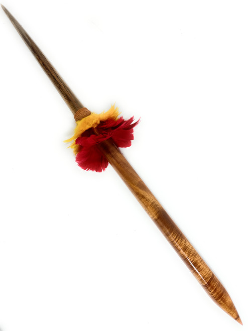 AAA Premium Koa Spear with Blue Marlin Bill 46 in - 2 inch Shaft Red/Yellow Feathers Hawaiian Art | #koasw014