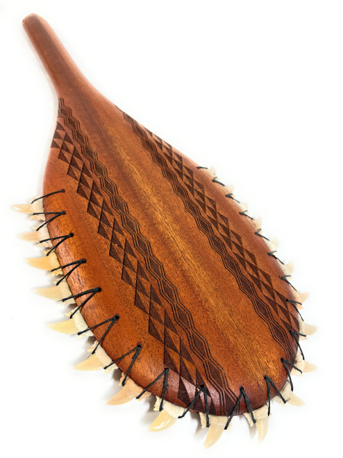 Hawaiian Koa Lei O Mano 19 in  w/ Fossilized Shark Teeth Custom Etching with Diamond Tip | #koa15953