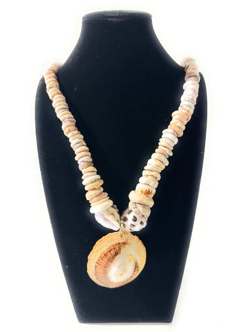 Authentic Puka Shell Necklace 17 in w/ Large Opii - Niihau Design | #pn002