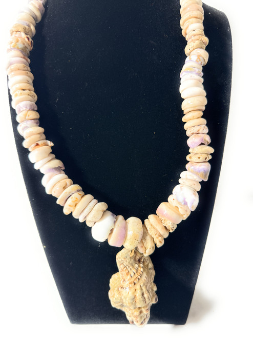Puka Shell Necklace 11 in w/ Large Nicobar Triton Pendant - Made in Hawaii | #pn029