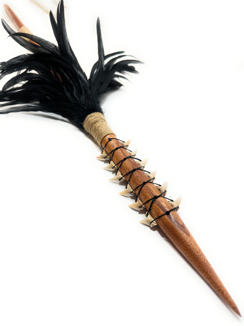 Hawaiian Koa Spear 60 inch w/ 12 Shark Teeth & Black Feathers | #koa37g