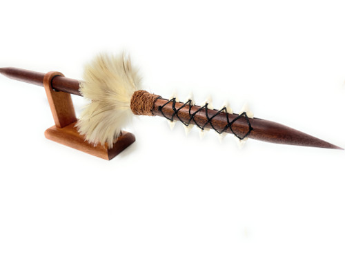 Ihe Koa Spear 24 inch on Stand w/ Shark Teeth & Beige Feathers | #koa38P6