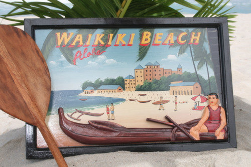 VINTAGE SIGN "WAIKIKI BEACH" CANOE - 24" X 16" HAWAIIAN SURF DECOR