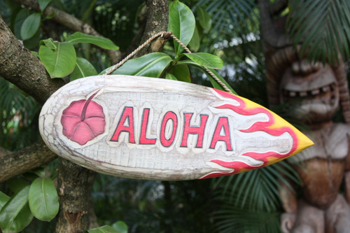 Aloha w/ Flame Wooden Surf Sign 20" Wall Art - Rustic Finish | #dpt527750