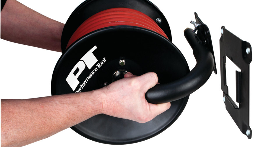 Performance Tool hoses and reels, featuring an image of a large hose reel being mounted to a wall
