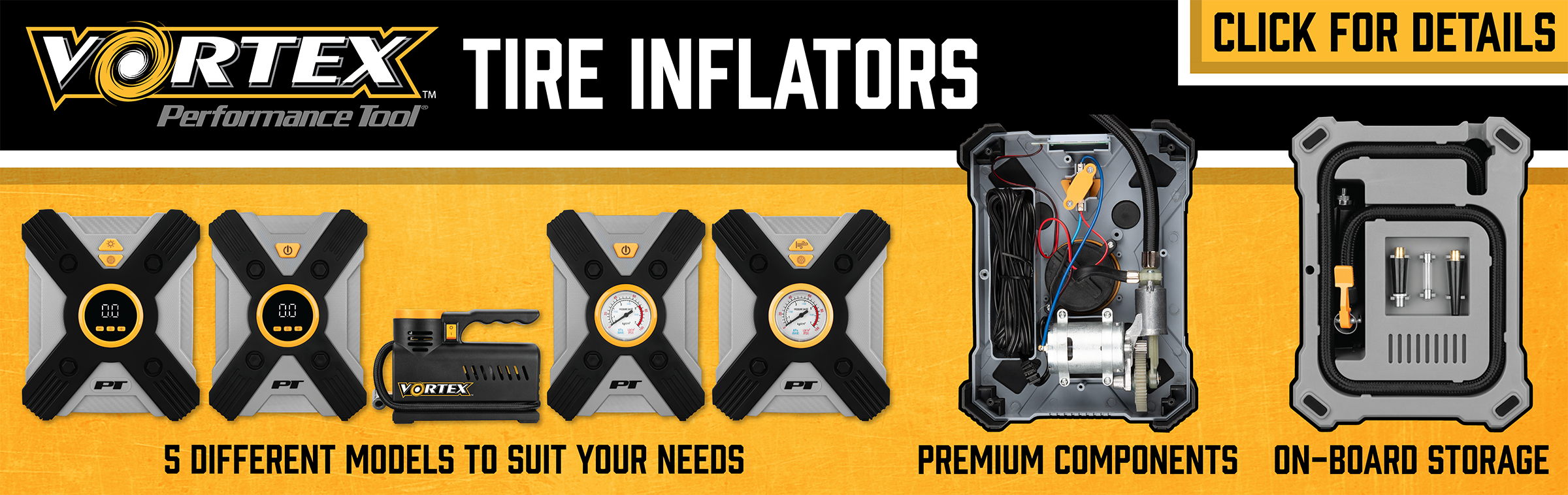 Vottex Tire inflator banner. 5 different models to suit your needs. Premium components. On-Board Storage. 