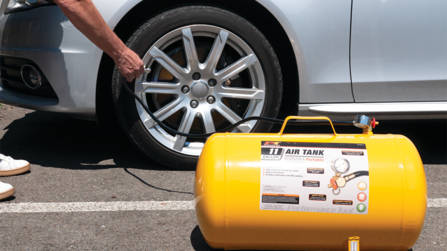 Performance Tool air tanks and accessories featuring an image of a 11 gallon air tank and hose being used to inflate a car tire