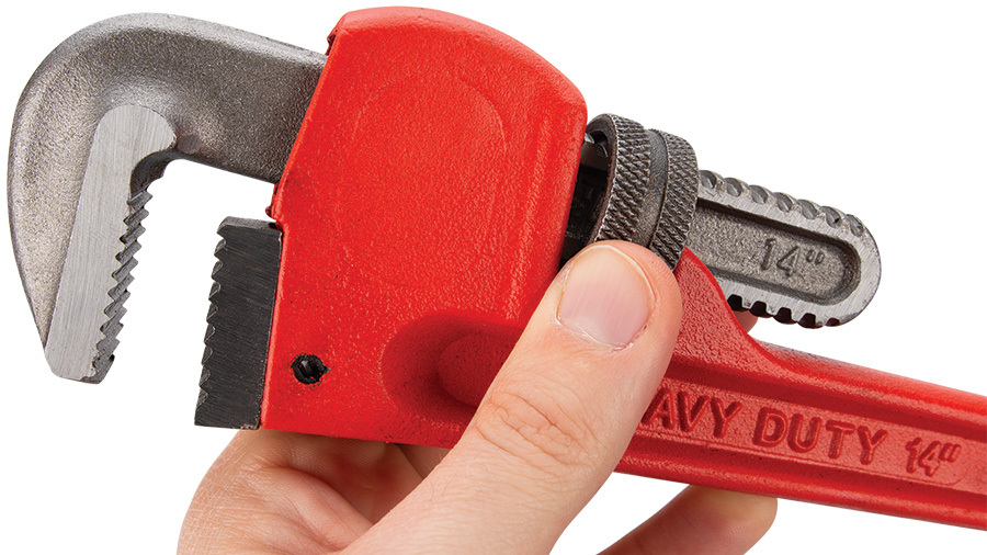 Performance Tool pipe wrenches featuring an image of a 14 inch heavy duty red pipe wrench