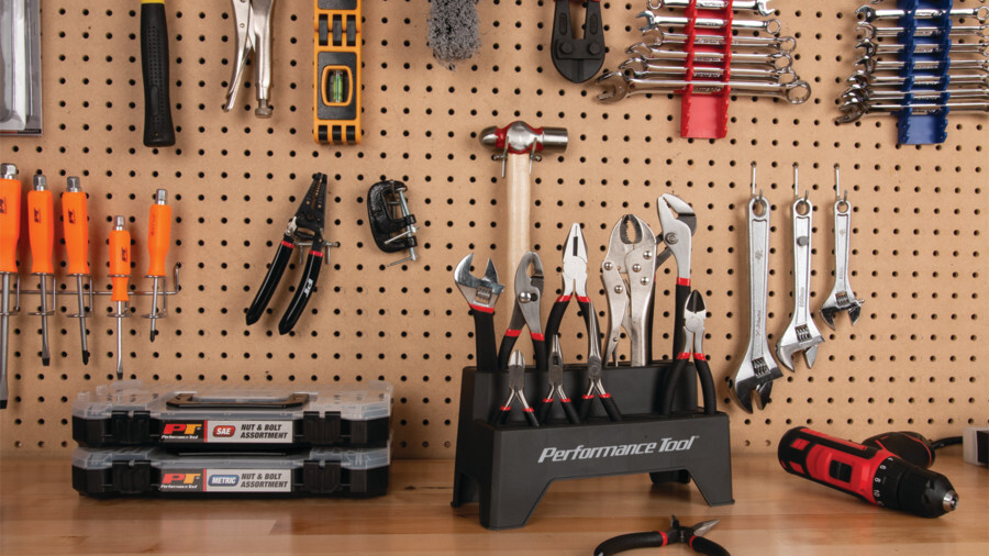 Performance Tool plier sets featuring an image of a multi-plier set on a workbench with other PT branded tools