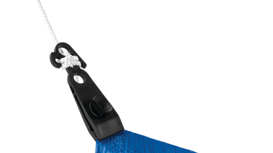 Performance Tool tarp straps, featuring an image of a tarp strap and line holding a blue tarp corner.