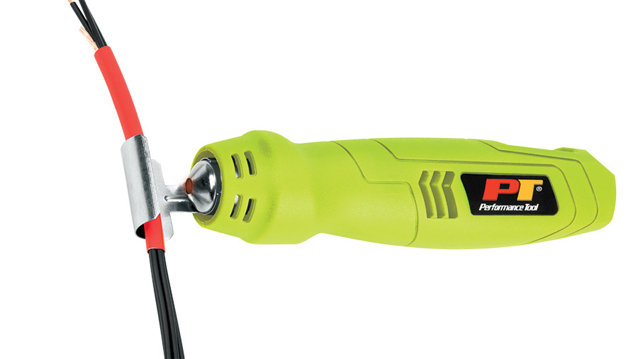 Performance Tool heat guns featuring an image of a heat gun fusing two wires with a heat shrinkable cover