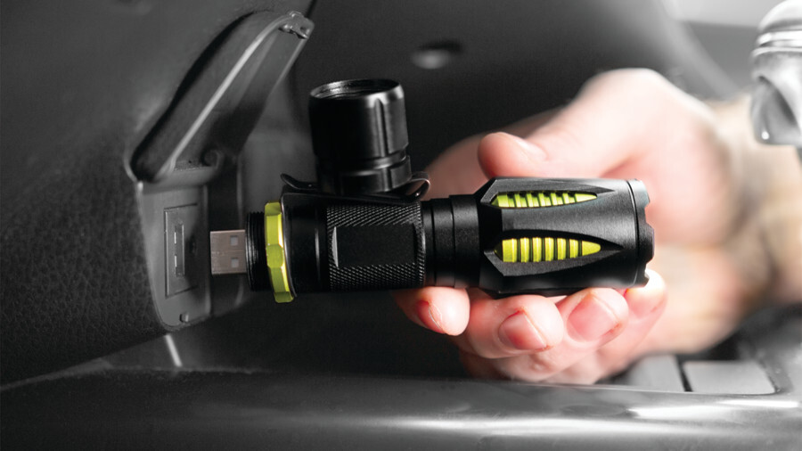Performance Tool flashlights, featuring an image of a firepoint x flashlight charging in a usb port in a vehicle interior