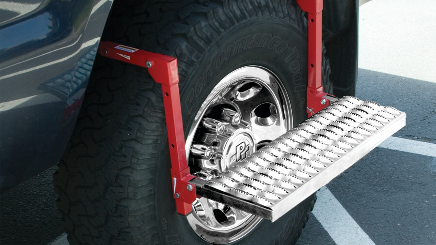 Performance Tool wheel accessories featuring an image of a truck wheel step on a large truck tire
