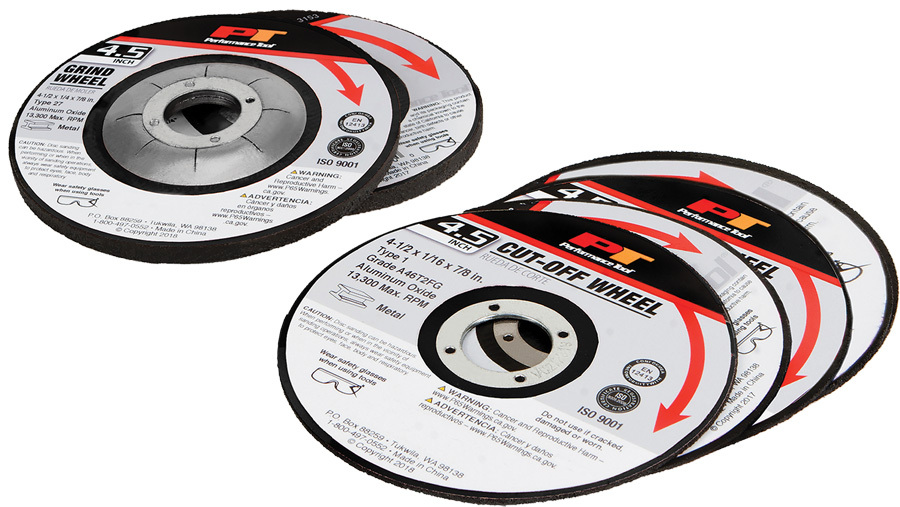 Performance Tool abrasive wheels featuring an image of an abrasive wheel set