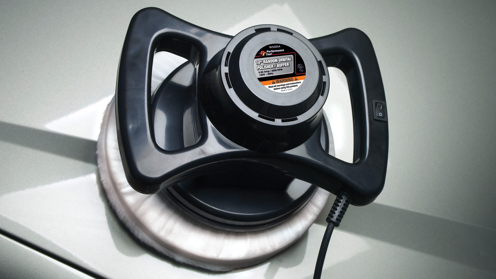 Performance Tool sanders and polishers, featuring an image of an electric orbital buffer being used on a gray car hood