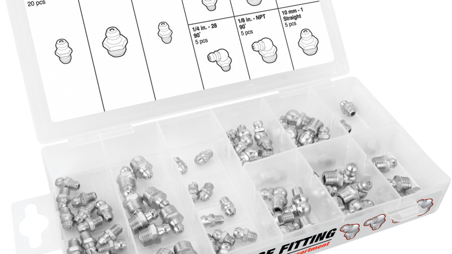 Performance Tool lubrication hardware kits featuring an image of an organizer box full of grease fittings