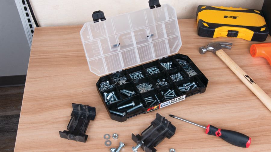 Performance Tool hardware kits, featuring an image of a collection of screws in an organizer box.