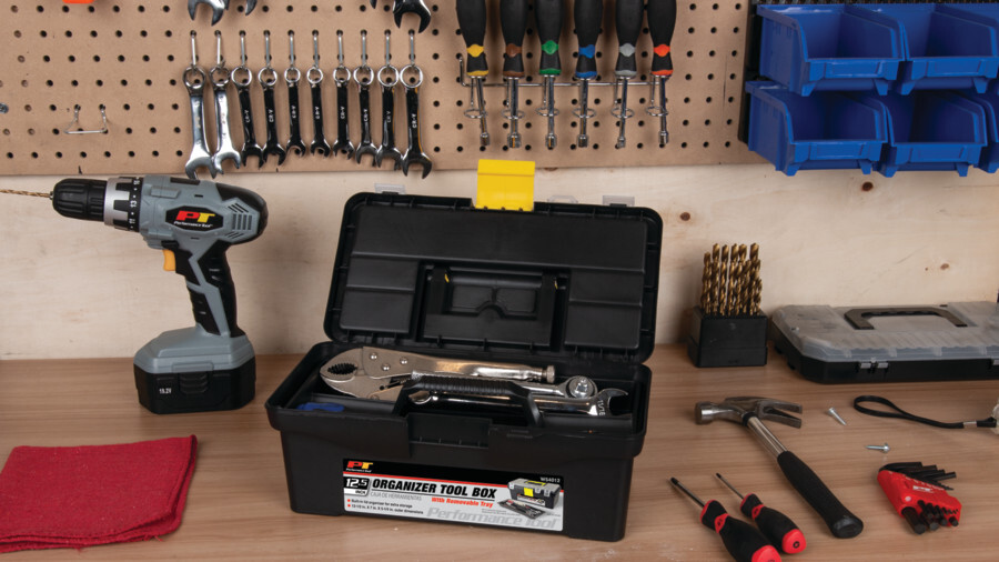 Performance Tool tool boxes, featuring an image of an organizer tool box open with a locking set of pliers in the top compartment