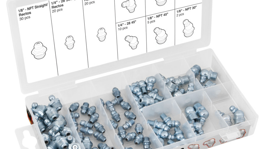 Performance Tool grease fittings featuring a hardware kit of grease fitting of various sizes.
