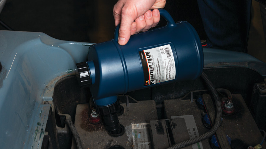 Performance Tool Battery Accessories, featuring a battery filler filling up a golf cart battery.