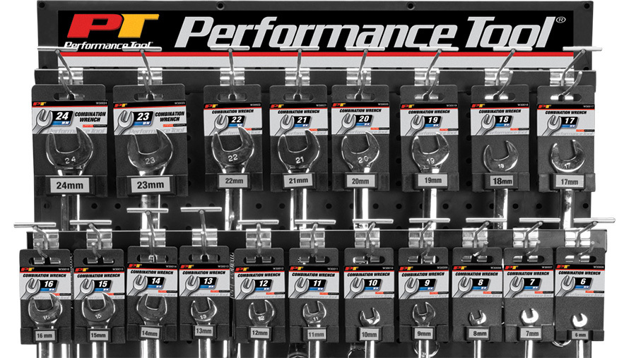 Performance Tool Professional Hand Tool Display Boards featuring a retail board of wrenches on display.