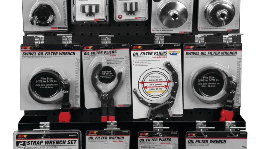 Performance Tool maintenance and repair tool boards featuring an image of a number of oil filter wrenches on display
