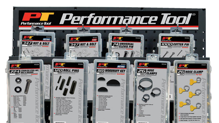 Performance Tool hardware kit tool boards. Featuring an image of a number of hardware kits on a retail setting.