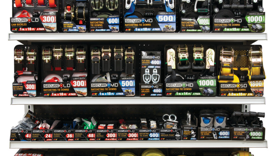 Performance Tool maintenance and repair gondolas featuring an image of securex cargo control products on the shelf.