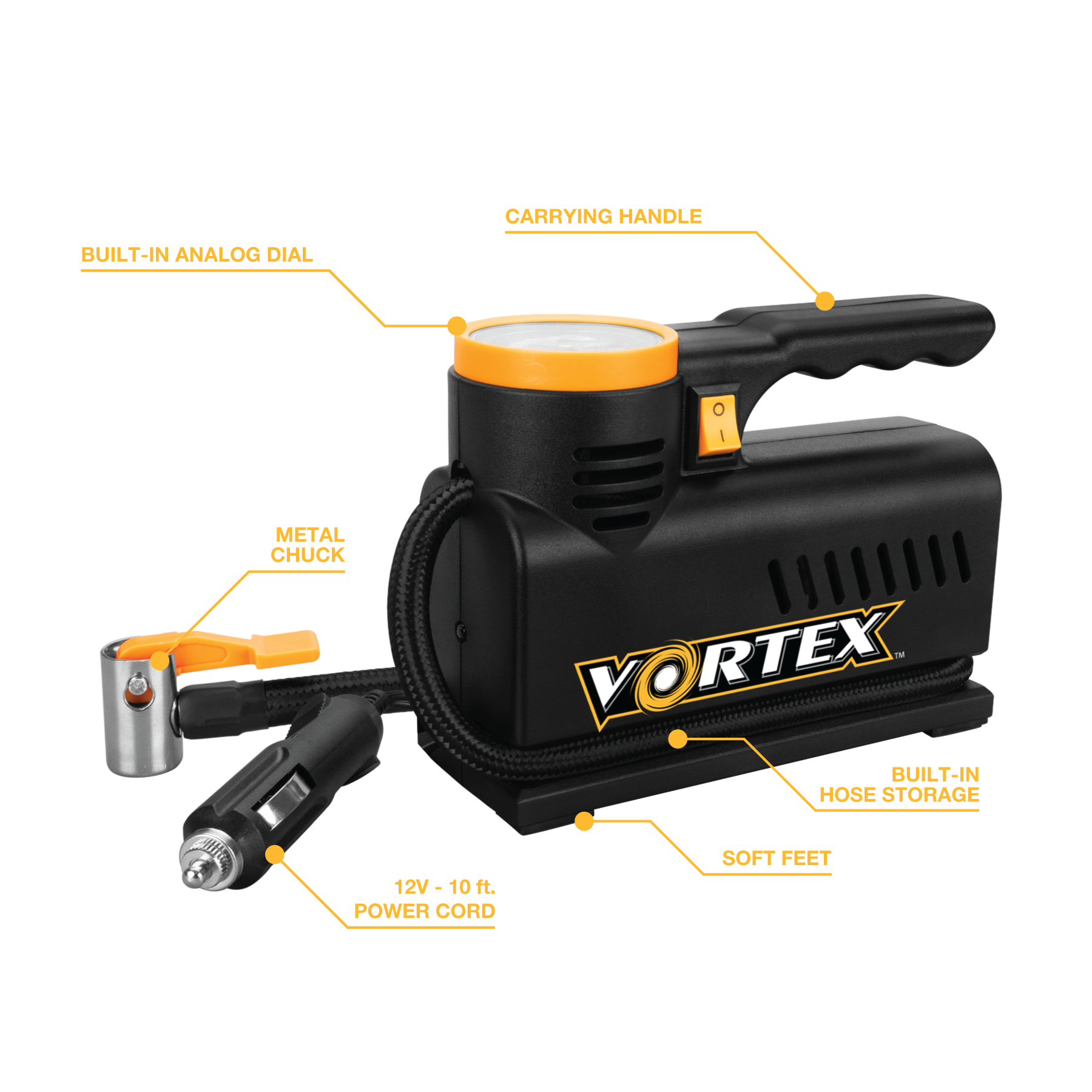 The Vortex W7900 is easy to use and includes a built-in analog dial for pressure readings, a carrying handle, a metal chuck, a 12V 10ft power cord, soft feet, and a built-in hose storage compartment. 