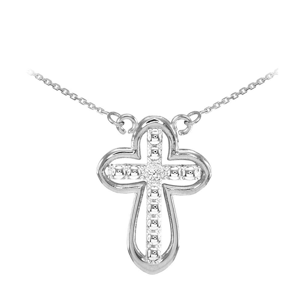 14K White Gold Diamond Cross Necklace