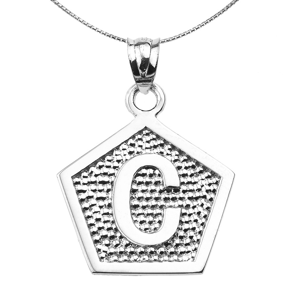 Sterling Silver Initial C Engravable Pentagon Shape Pendant Necklace
