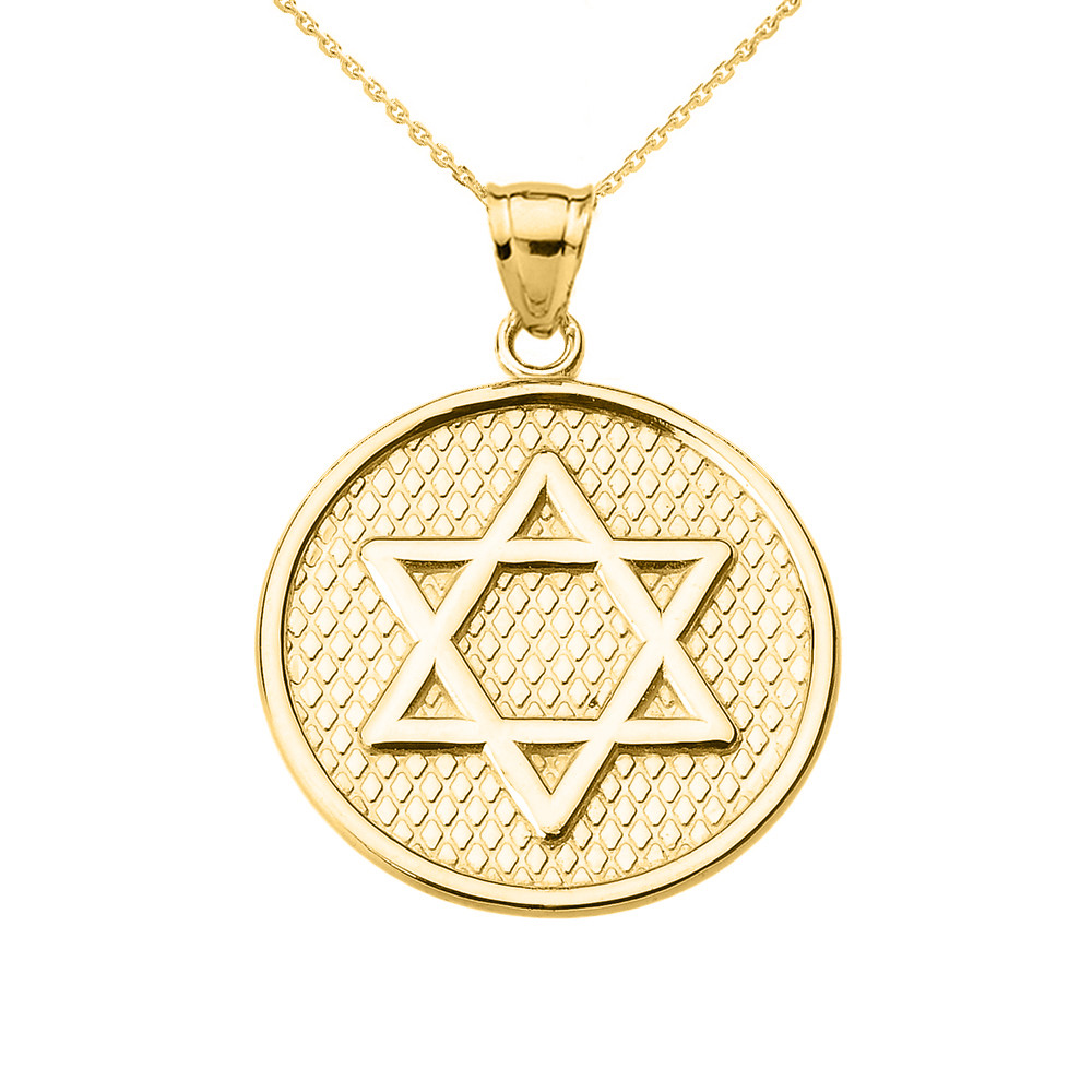Yellow Gold Star of David Round Pendant 