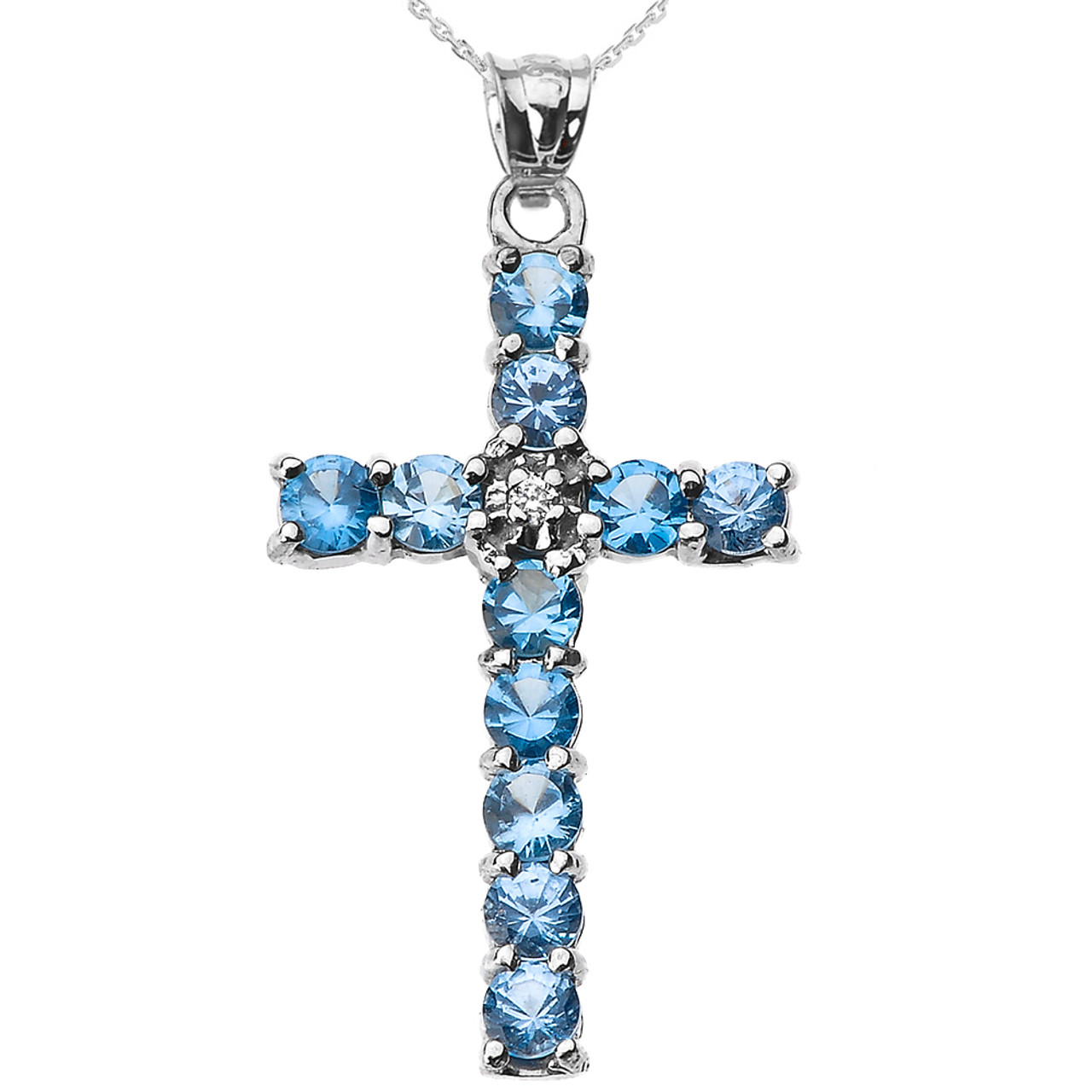 White Gold Diamond and Light Blue CZ Cross Pendant Necklace