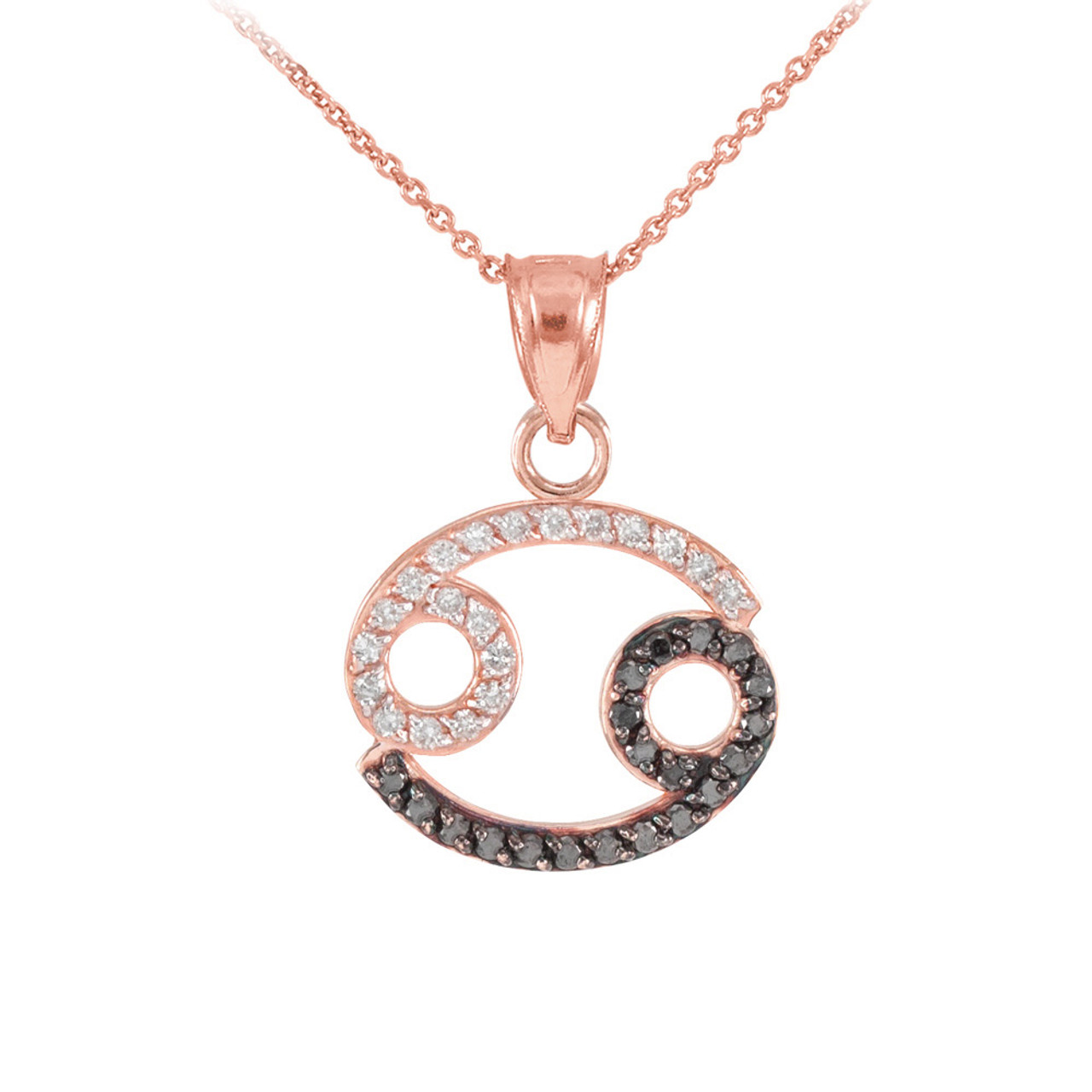 14K Rose Gold Cancer Zodiac Sign Black Diamond Pendant Necklace