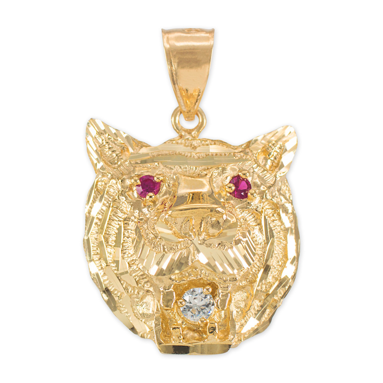 Yellow Gold Tiger Head Red CZ Pendant