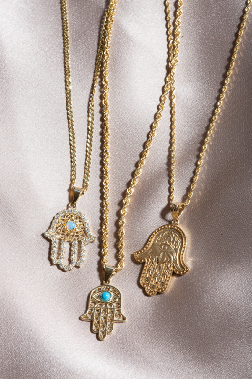 Yellow Gold Hamsa Hand With Hamsa Hand With Turquoise Evil Eye Pendant  Necklace