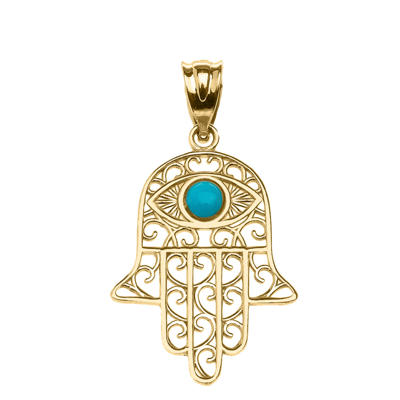 Yellow Gold Hamsa Hand With Hamsa Hand With Turquoise Evil Eye Pendant  Necklace